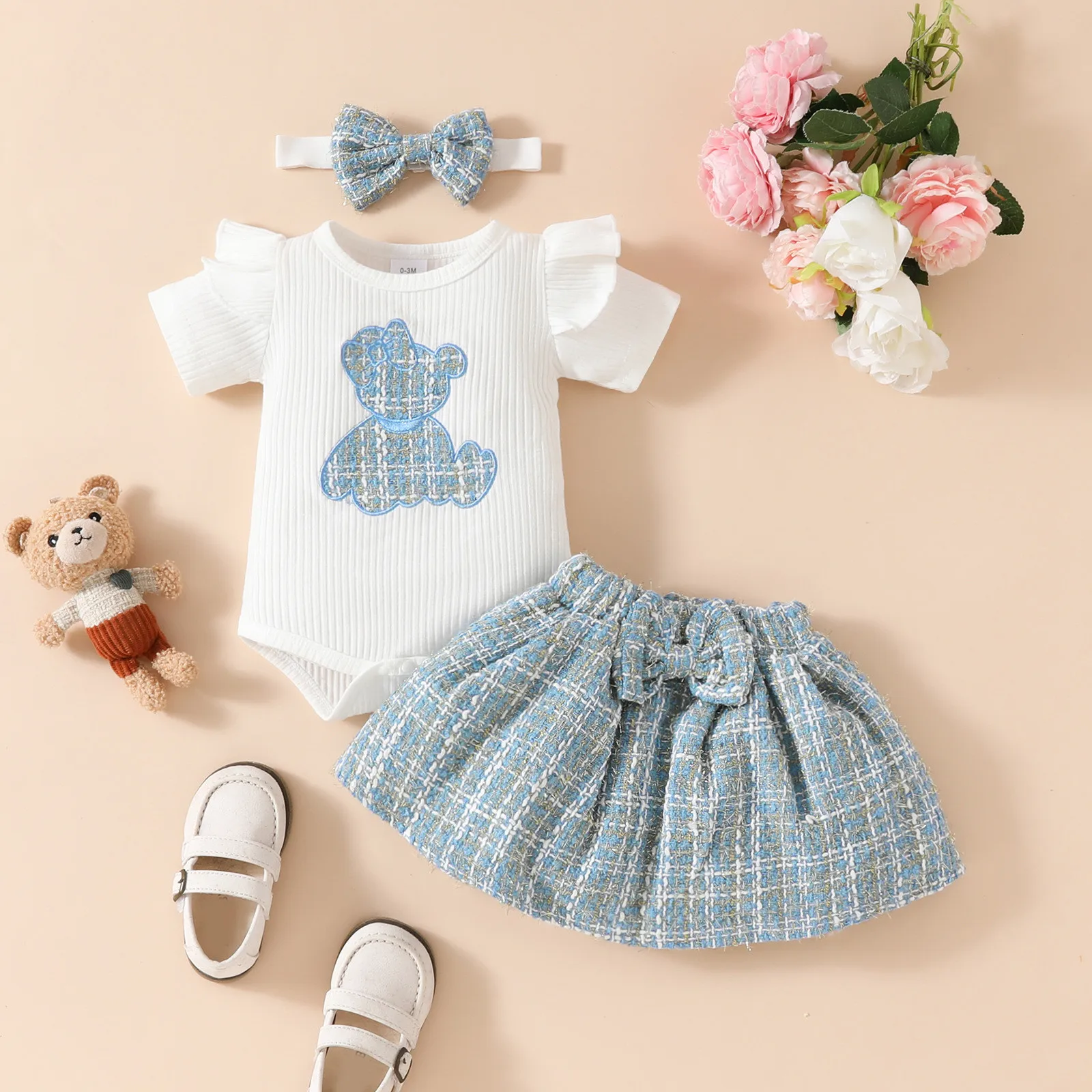 

0-18Months Newborn Baby Girls Skirt Sets Clothes Embroider Cute Bear Short Sleeve Bodysuits Bow Skirt Hairband Baby Girl Outfits