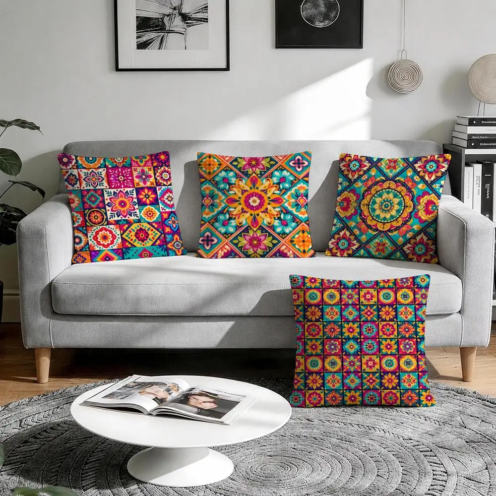 Folk Mandalas Intricate Colorful Cushion Cover 1/4Pcs Linen Throw Pillow Covers Double-Side Print Sofa Couch Living Room Decor