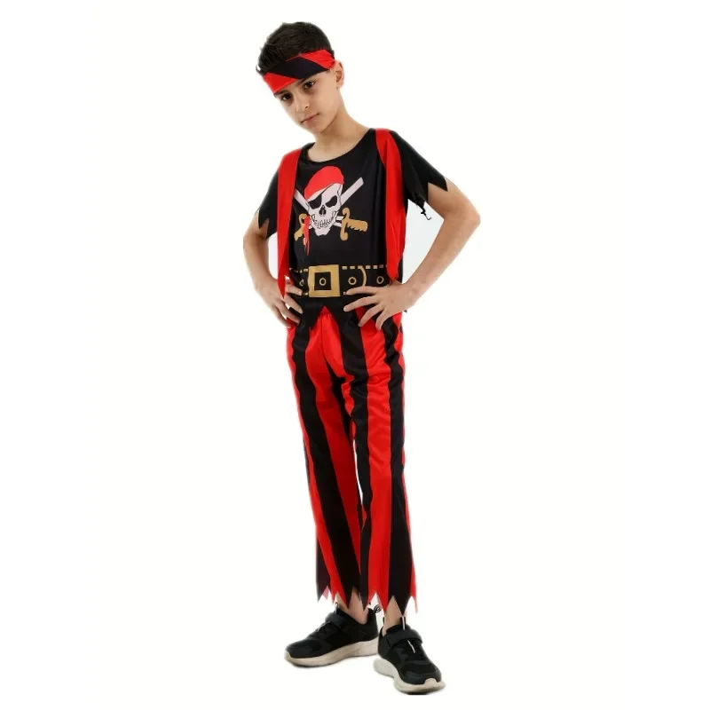 Boys Pirate Skull Costume Printed Striped Pirate Captain Set Halloween Pirate Sword, Drawing, Gold Coin Toy Gift