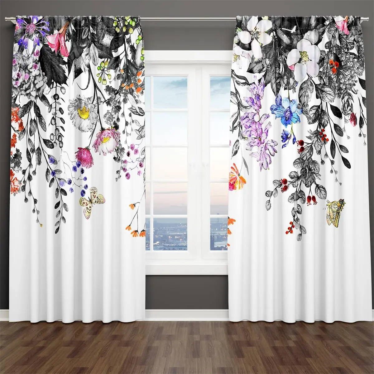 Rustic Floral Blackout Curtains Grey Leaf Rod Pocket Vintage Flower Colorful Plant Thermal Insulated Drapes Wildflower Blossom