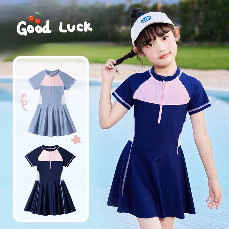 Children's One Piece Swimsuit, Cute Student Beach Bathing Suits, Japanese Wind Swimming Dress, Baby Girl, New, summer,  2-14Y