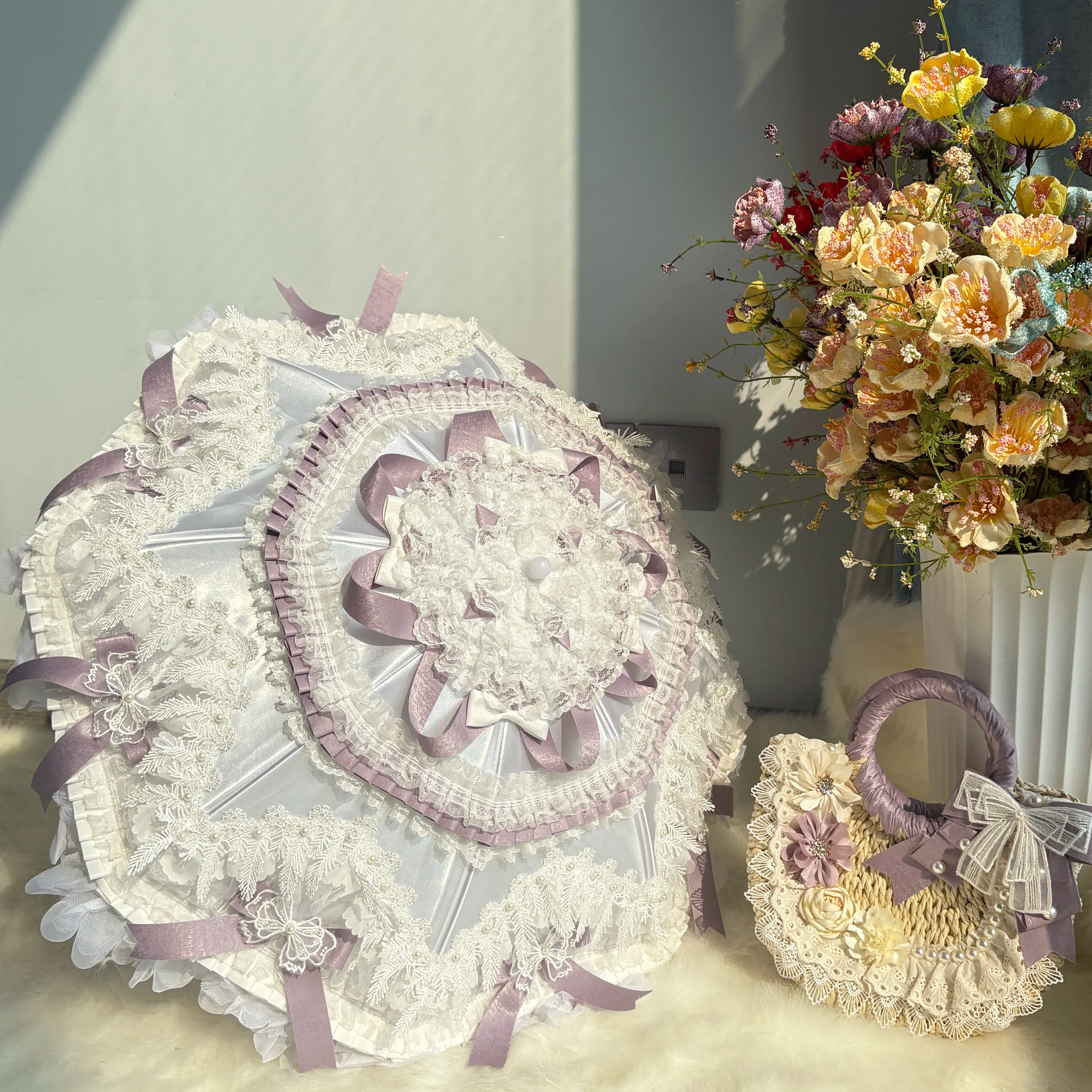 Lolita Original Girl Heart Princess Purple and White Lace Lace Umbrella Hand-held Woven Bag Travel Photo Prop Lo Umbrella