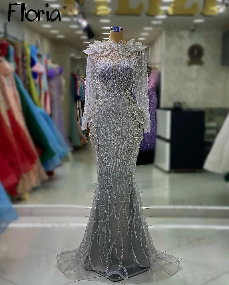 Fashion Silver Stones Party Dress Boat Neck Long Sleeve Luxury Celebrity Gowns For Dinner Customized Dubai Evening Prom Dresses