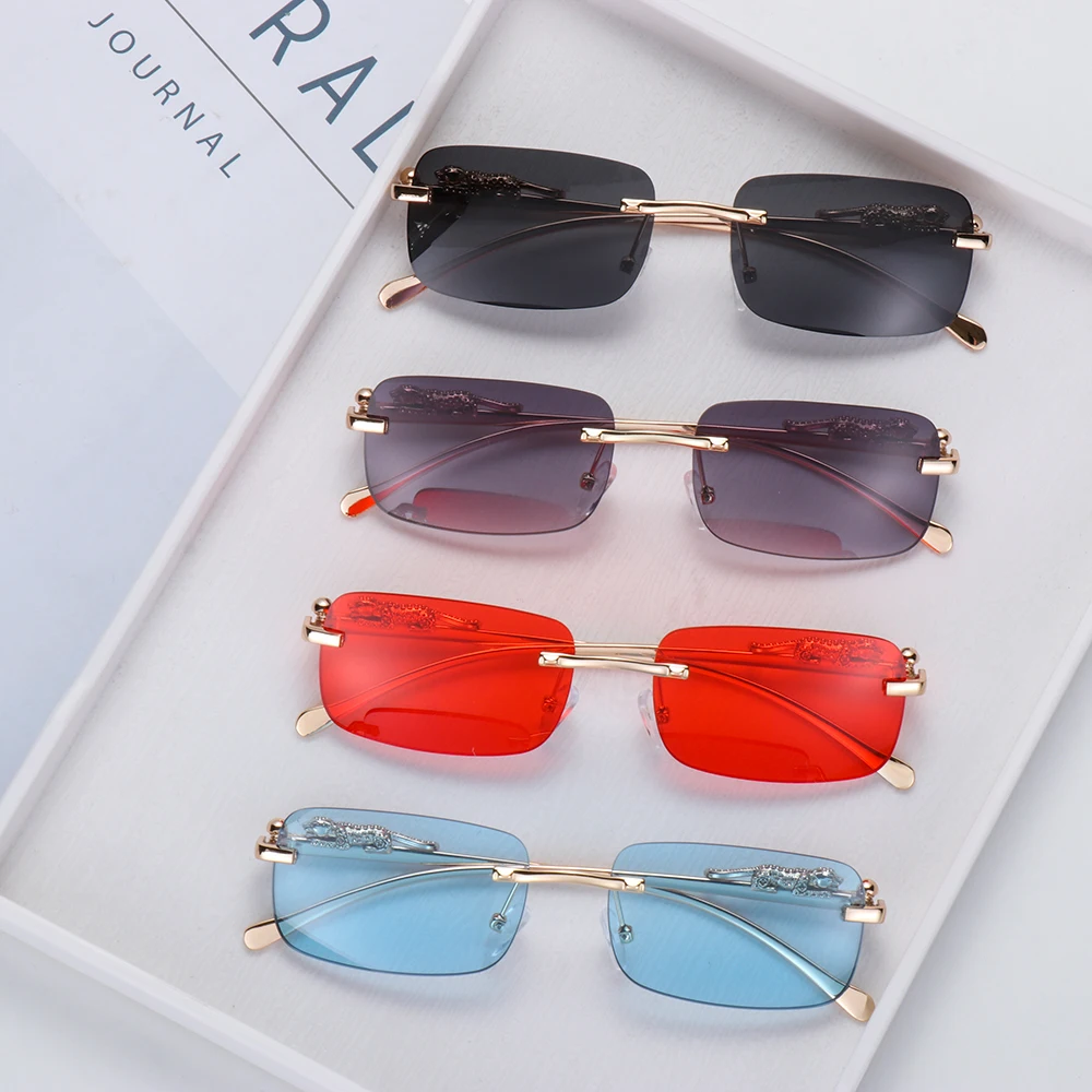 Retro Rimless Rectangle Sunglasses for Women Men Fashion Clear Ocean Lens Sun Glasses Cheetah Decoration Eyewear UV400 Shades