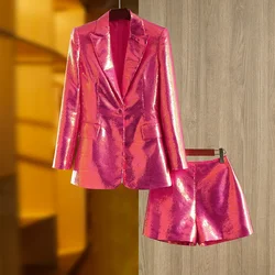 Luxury Show Birthday Party Style Bling Sequins Cloth Suit Single Button Blazer Shorts Fushcia Color Lady 2PCs