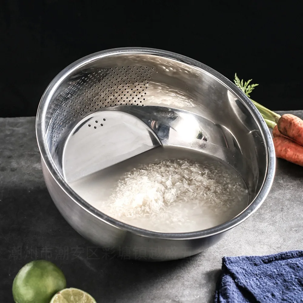 Stainless Steel Rice Washing Bowl Inclined Side Rustproof Rinse Rice Basin Versatile Thickened Vegetables Drain Basket Fruits