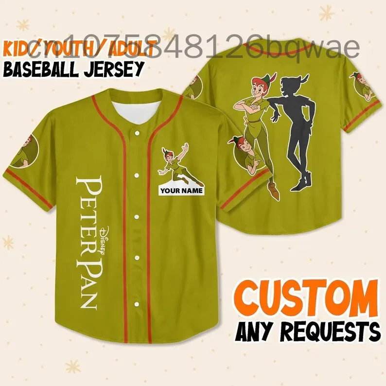 Disney Peter Pan Baseball Jersey Mens Women Short Sleeve Button Up Jersey Custom Name Disney Baseball Jersey Casual Sports Shirt