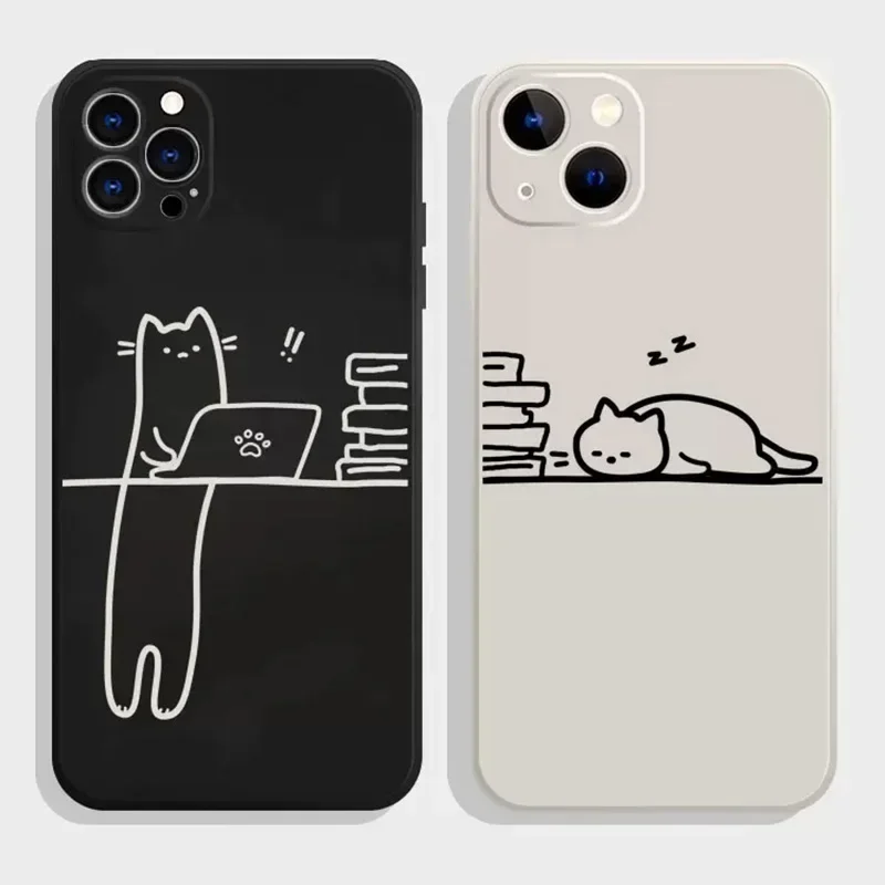 Funny Animal Cat Paired Couple Phone Case for iPhone 15 16 14 13 12 11 Pro Max Mini 7 8 14 Plus SE Cartoon Protector Cover Shell