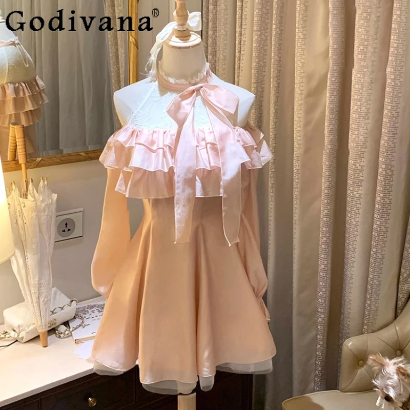 

Ранняя осень, новое прозрачное нежное платье, женское кружевное сетчатое лоскутное платье с открытыми плечами, женское многослойное платье с рюшами на талии