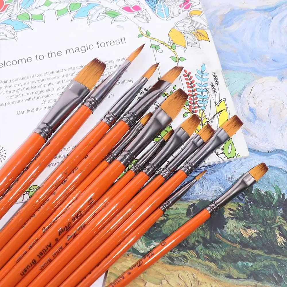 

12pcs/set Multifunctional Painting Brush Set Professional Nylon Watercolor Drawing Brushes Wooden Handle Orange