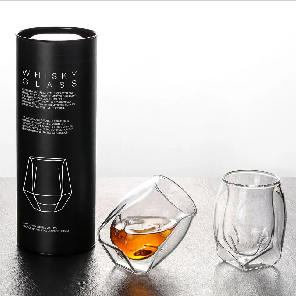Whiskey Tasting Glass Set of 2, Double Walled Snifter, Clear Glass for Parties Bars and Home Gatherings, Dishwasher Safe