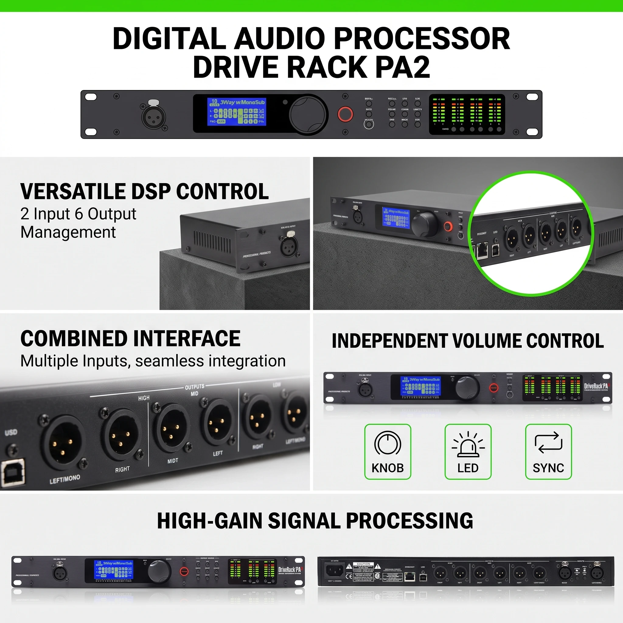 Paulkitson PA2 2In 6Out DSP Audio Processor, Speaker Management System PC Control EQ Tuning for Stage Bar Wedding Concert Show