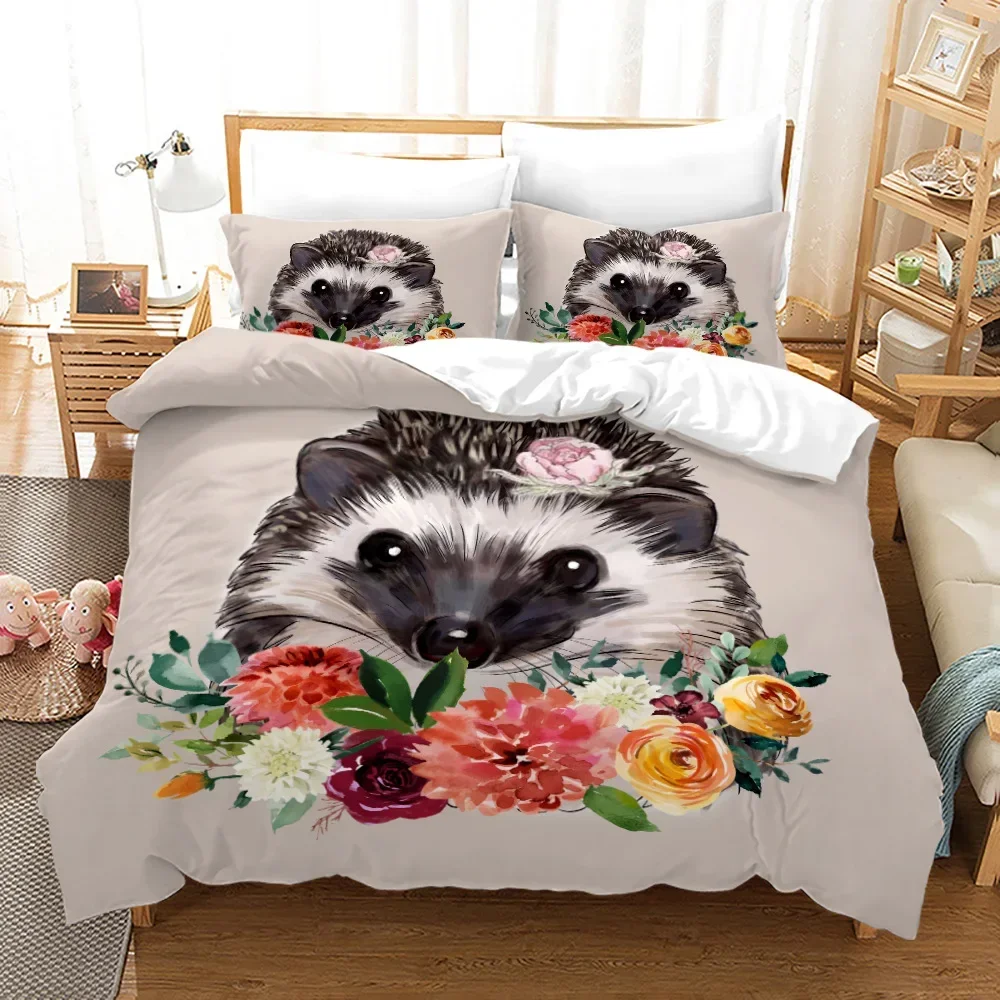 Hedgehog Cute Brown Hedgehog Pattern Bedding Set Single Twin Double Queen King Cal King Size Bed Linen Set