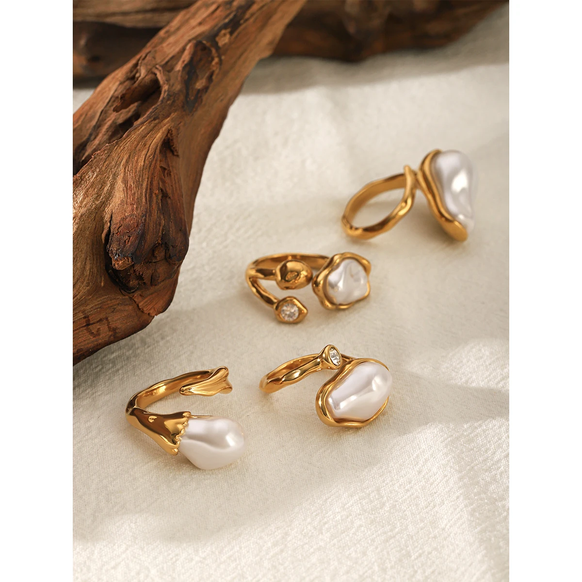 

Stainless Steel 18K Gold Plated Baroque Pearl Open Ring Waterproof Hypoallergenic No Fade for Women Daily Office Party Gift