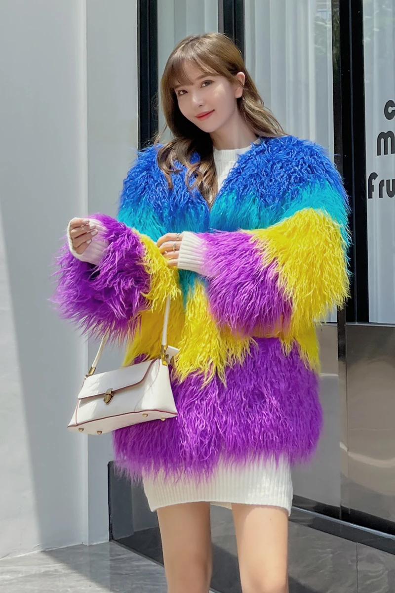 Young 2024 Tan Wool Colorful Women's Imitation Fur Stitching Contrast Color Fashion Mid-Length Autumn and Winter Artificial