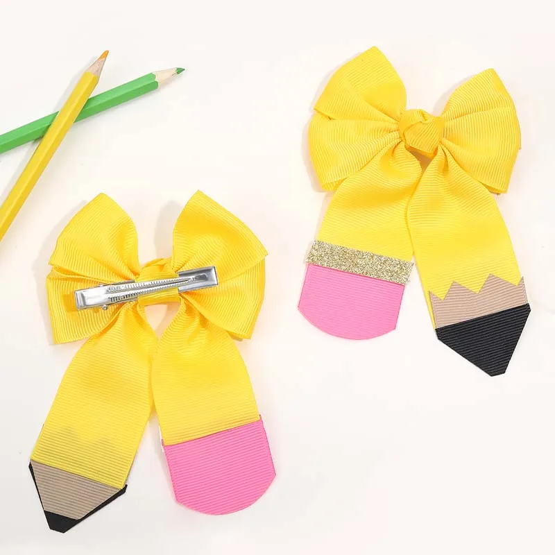 ncmama 2Pcs Back To School Yellow Pencil Shaped Ribbon Bow Hair Clip for Children Cute Glitter Hairpin Headwear Hair Accessories