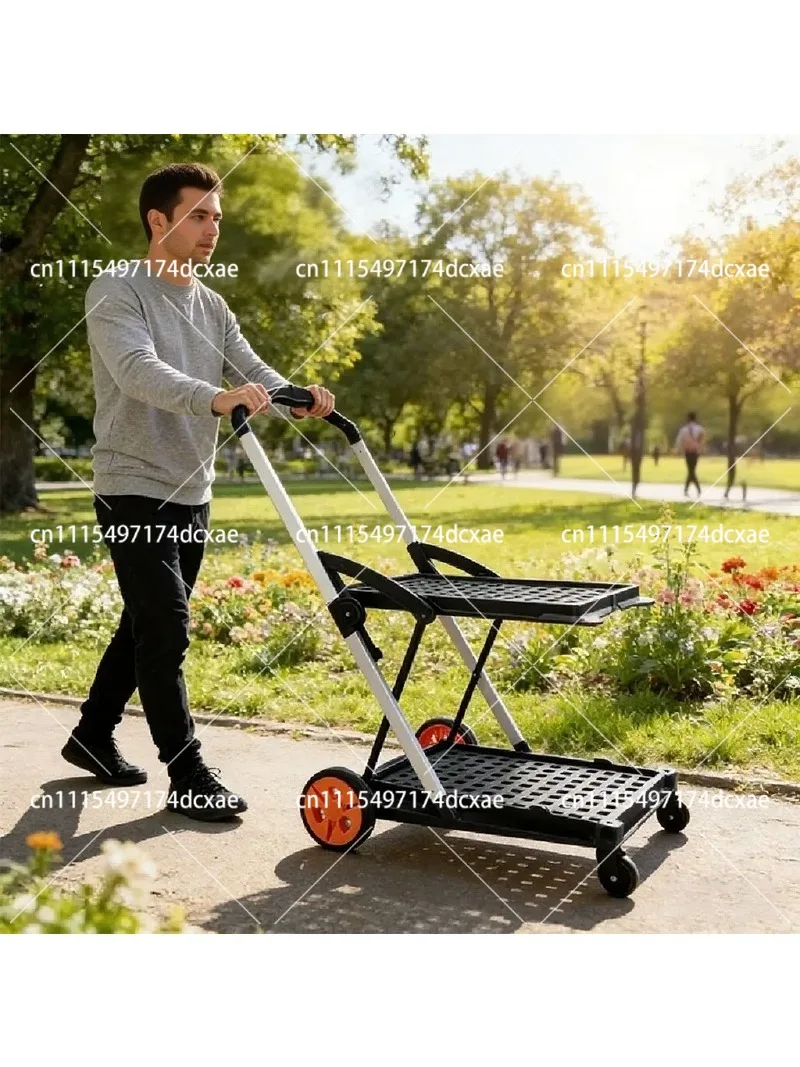 Folding Shopping Cart with Frame, Portable Double-Layer Grocery Trolley for Home and Travel, Easy Storage Utility Cart