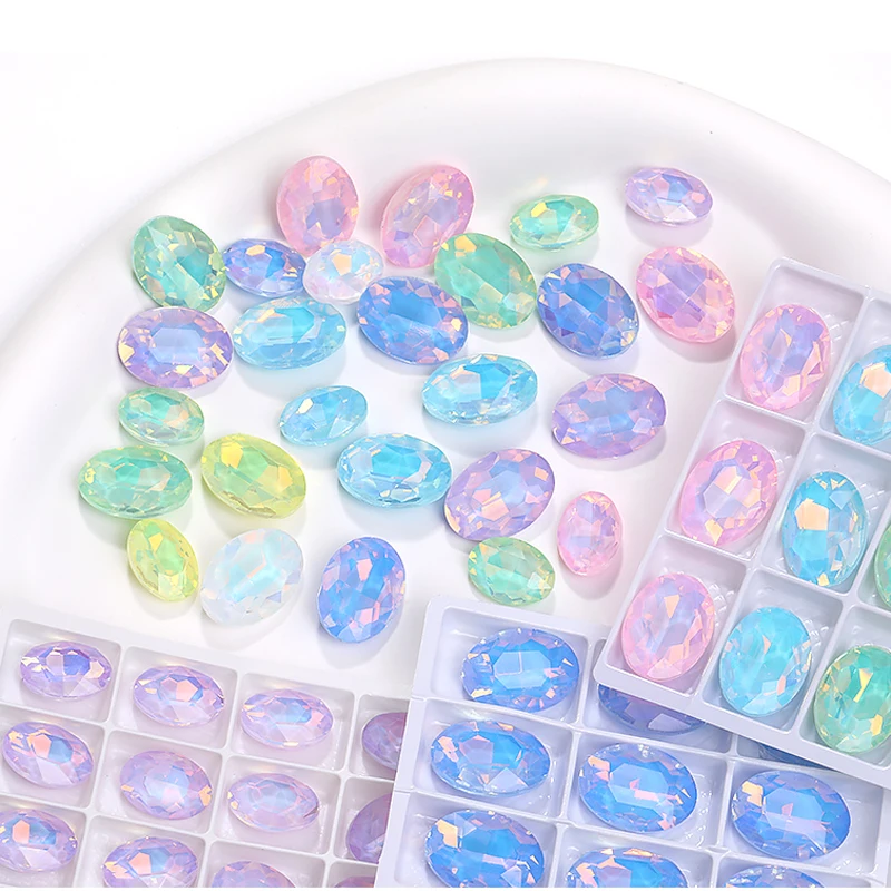 Opal Rhinestones Oval Glass Crystals 10pcs Glitter Gem Stones DIY Clothes Decoration Glue On Stone Crafts Accessories Diamonds