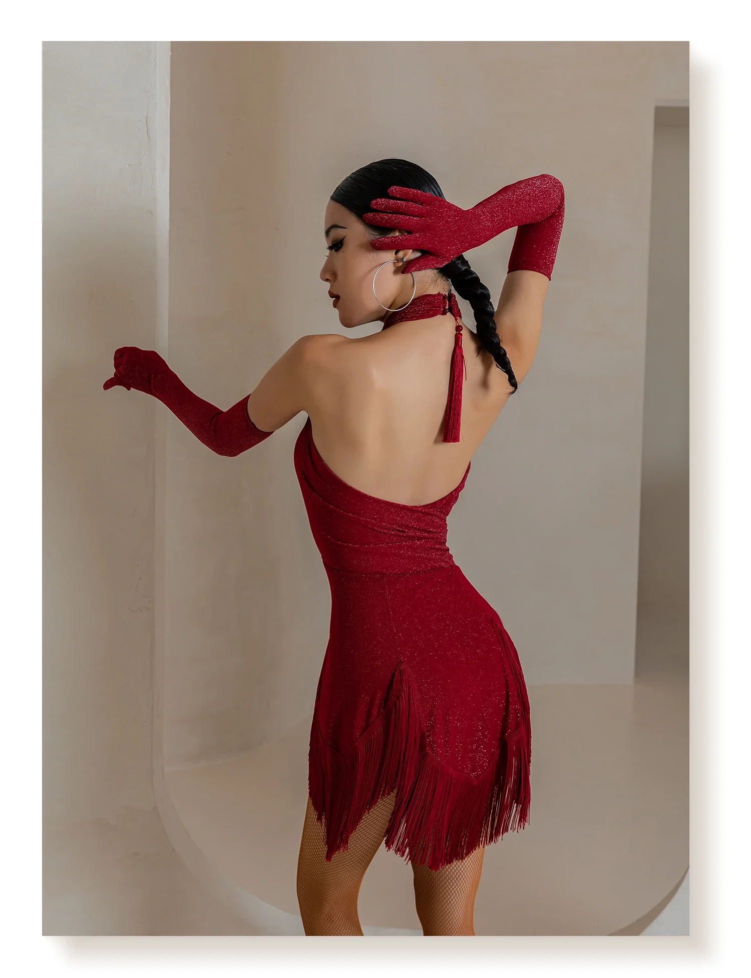 Female Stage Clothing Women Latin Dance Dress Adult Tassel Ballroom Dancing Costume Ice Silk Fringed have Gloves dress Skirt