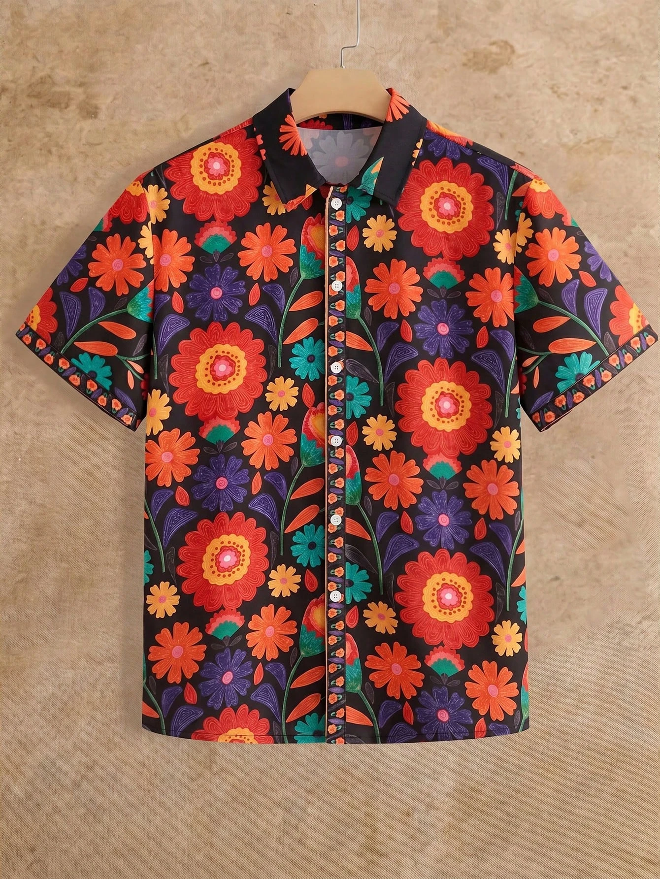 New Casual and Stylish Men's Shirt 3D Digital Floral Print Short-Sleeve Beach and Vacation Shirt with A Collar and Buttons