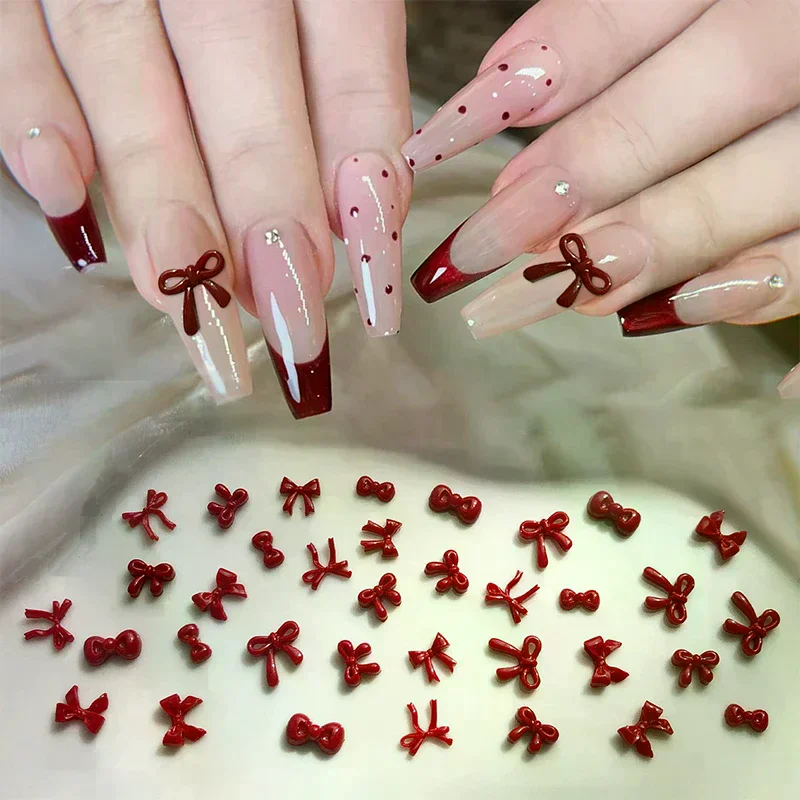 100PCS 3D Nail Art Red Bow Charms Supplies Kawaii Accessories Resin For Nails Decorastion Product Manicure Decor Materials Tool