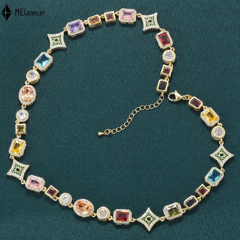 Vintage Copper Inlaid Color Cubic Zirconia Square Bracelet Necklace Elegant Luxurious Geometric Splicing Set ﻿