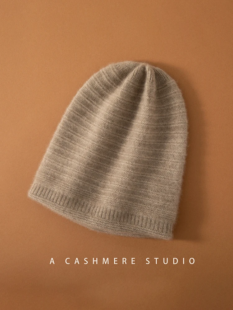 Winter New 100% Cashere Knitted Hats Women Causal Thick Soft Warm Cashmaere Beanies Skullies Hat Girll Solid Rib Hedging Caps