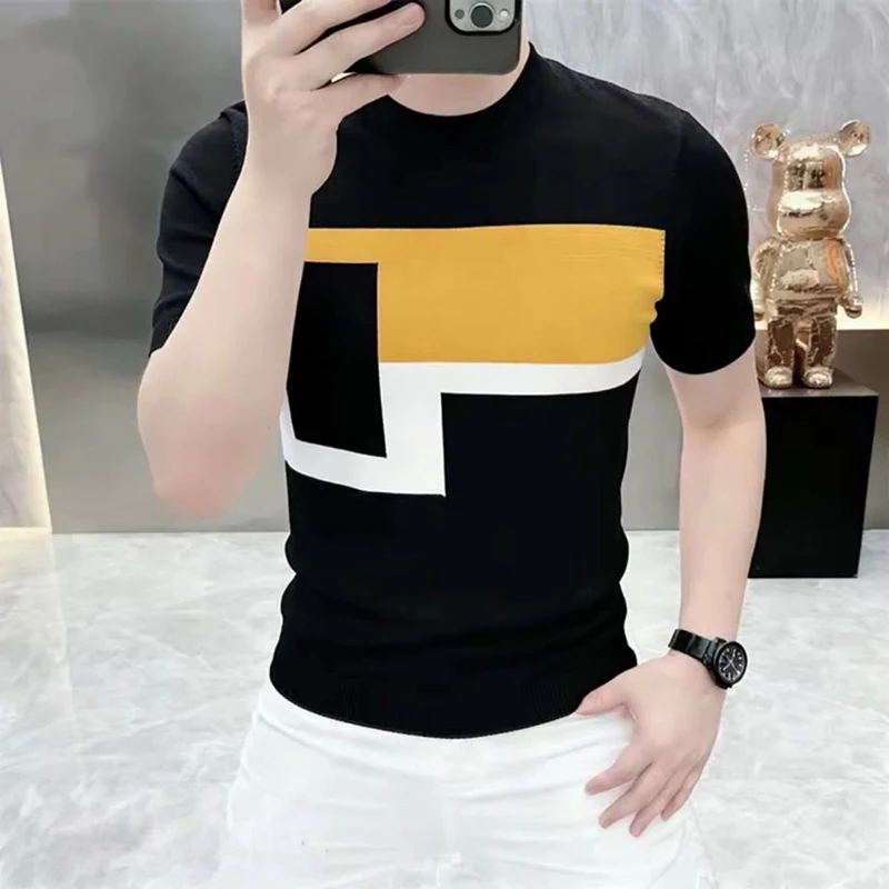 Color Patchwork Stretchy T Shirt For Men Short Sleeve All Match Summer Quality Viscose Blend Casual Knitwear Camisetas De Hombre