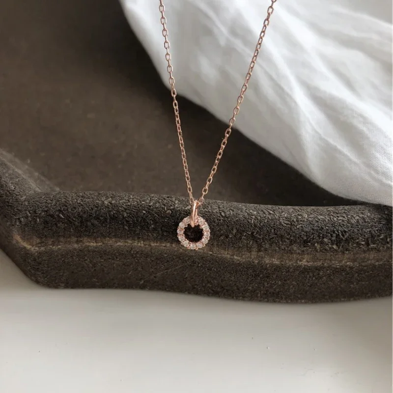 925 Sterling Silver Necklace Flash Diamond Geometric Double Circle Pendant Female Simple Clavicle Chain Wedding Jewelry Gift
