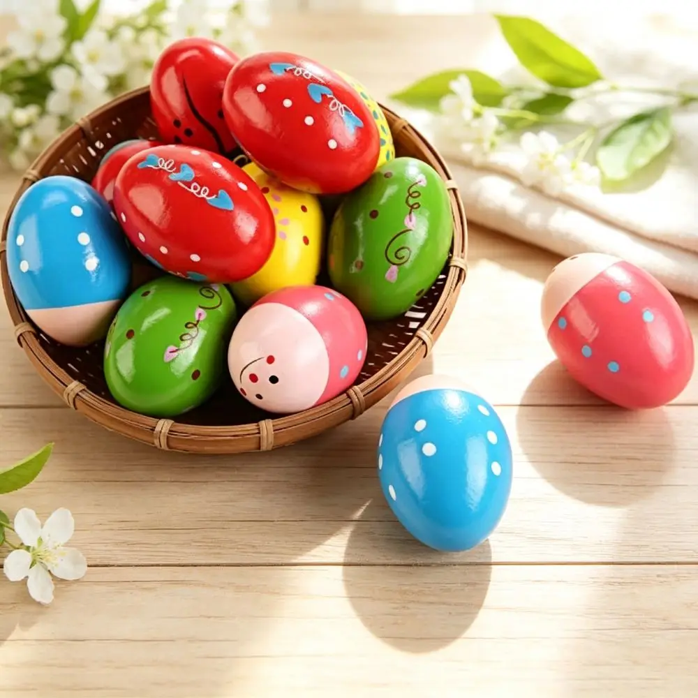 1/2pcs Cute Wood Sand Egg Shaker, Bright Cartoon Pattern Percussion Egg Toy, Toddler Rhythm Training Musical Instrument Gift YMY