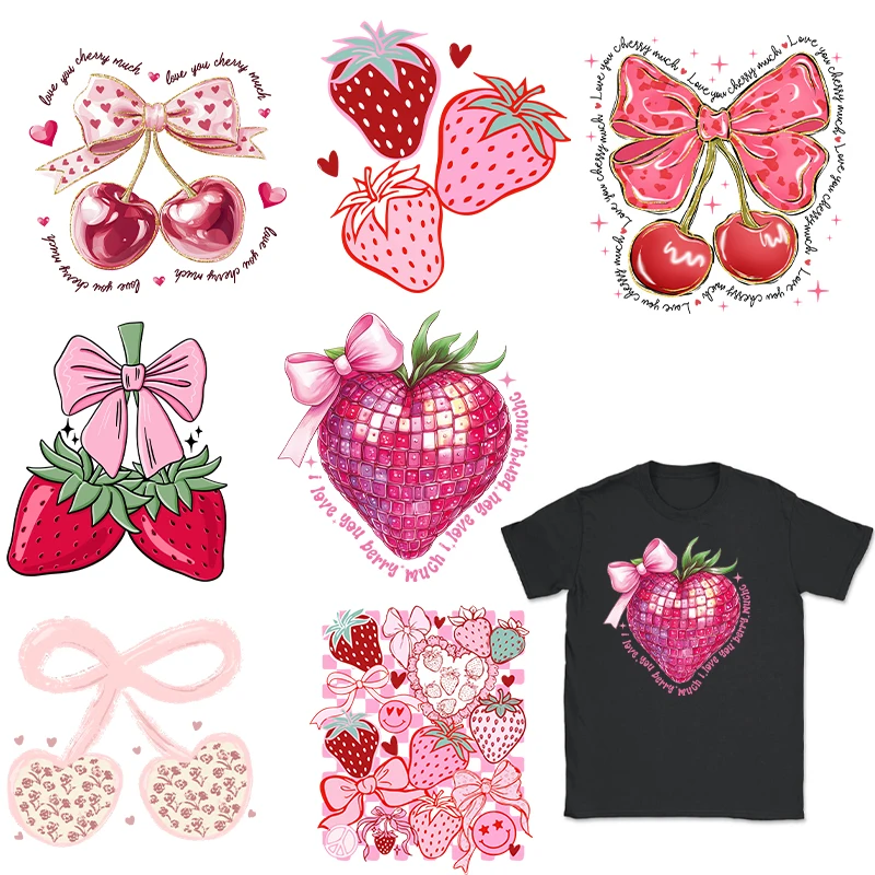 

Furits Heat DTF Transfer Strawberry Cherry Print Sticker Clothing DIY Iron On Patches T Shirts Hooding Cartoon Appliqued