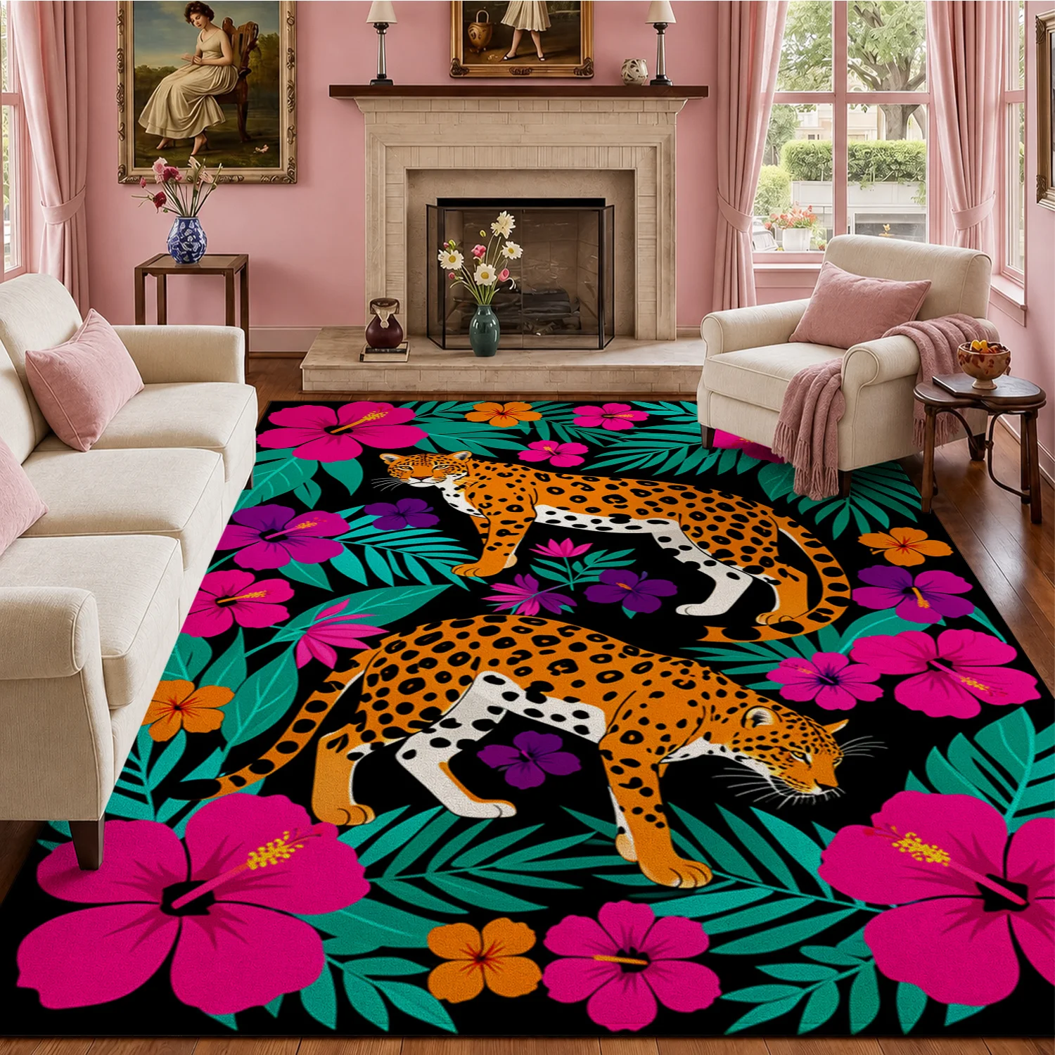 Tropical Leopard Hibiscus Floral Area Rug, Velvet, Machine Washable, Resists Shifting, for Living Room, Bedroom, Entryway, Dining Area, Ideal for Halloween, Thanksgiving, Christmas, New Year, Black Friday, Cyber Monday Home Accent