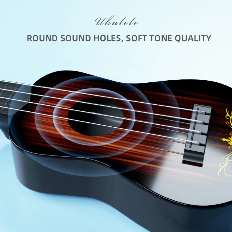 Music-orientated children's guitar toy that can be played with a pick to imitate basic musical instruments, resembling a ukulele