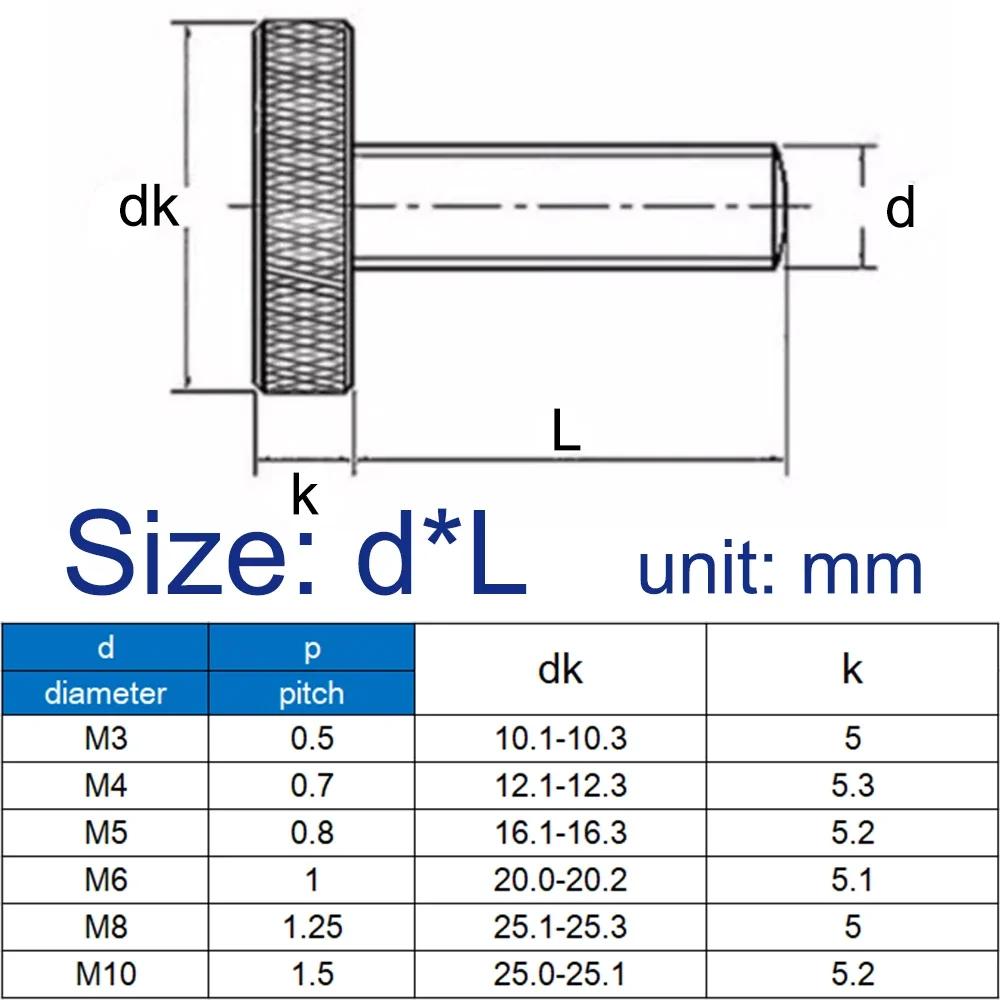 DIN653 Standard Knurled Flat Head Hand Twist Screws M2 M2.5 M3-M10 SUS304 Anti-Rust Glass Curtain Wall Thumb Bolts