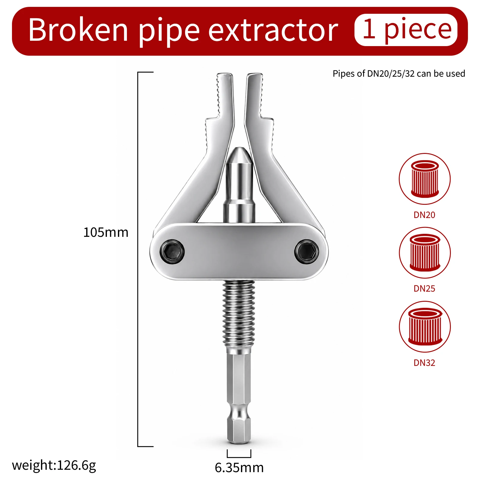 Rohr-Extraktionswerkzeug, Gewindenzieher mit Sechskantschaft für Bohrmaschinen, für PPR-, PVC-, MPP-Rohre DN20/25/32 1/2″ 3/4″ 1″ Zoll