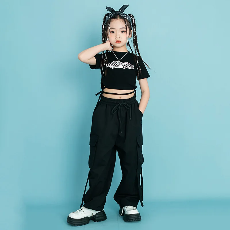 Kid Cool Hip Hop Clothing Lace up Black Crop Top T Shirt Strap Casual Street Cargo Pants for Girls Jazz Dance Costume Clothes