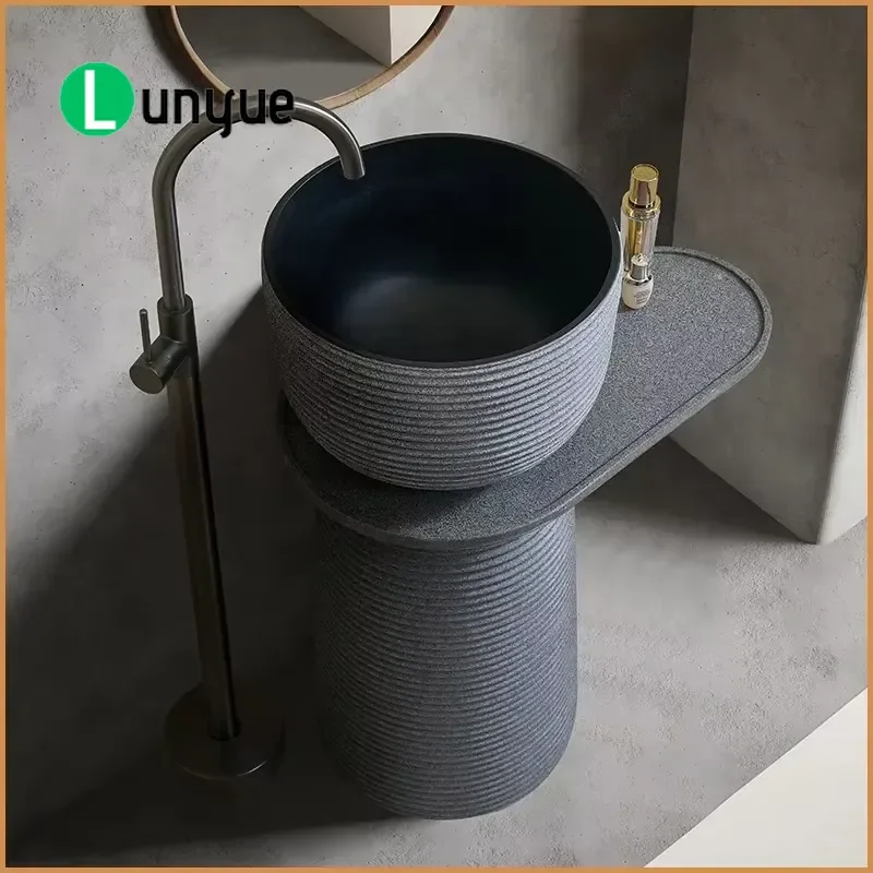 Natural Stone Freestanding Column Sink Circular Basin with Groove for Outdoor Indoor Garden Courtyard Villa Hotel Wash Basin