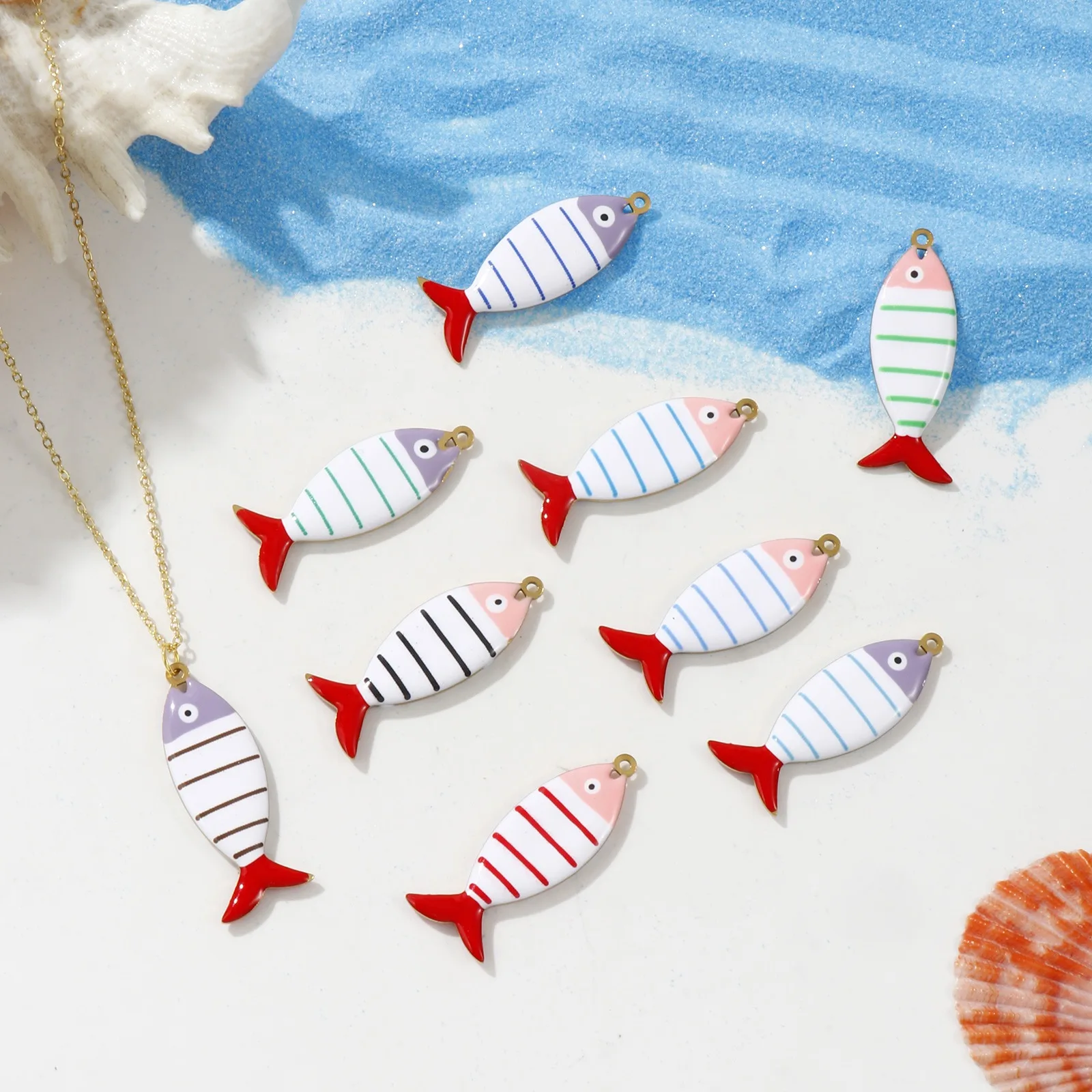 2pcs New Stainless Steel Charms Ocean Gold Plated Fish Bone Double-sided Enamel Pendants For Women DIY Necklace Jewelry Findings