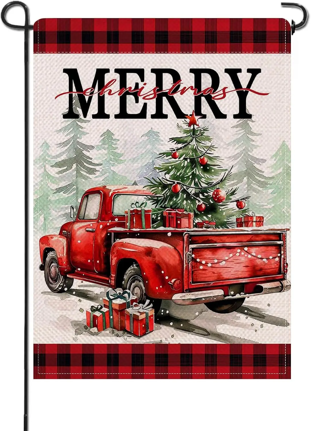 Artofy Merry Christmas Red Truck Small Decorative Garden Flag, Xmas Trees Gifts Plaid Farmhouse Yard Lawn Outside Decor, Win hhz