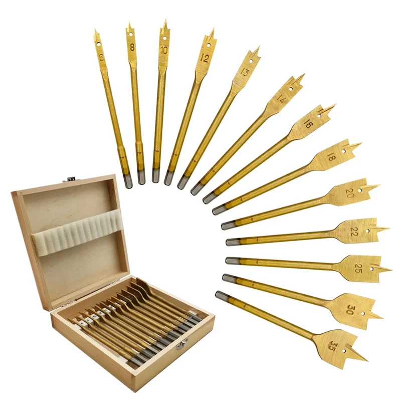 

BHBD-13Pcs Titanium Plated Flattened Drill Bit Set Hex Shank Woodworking Hole Opener 6-35Mm Durable
