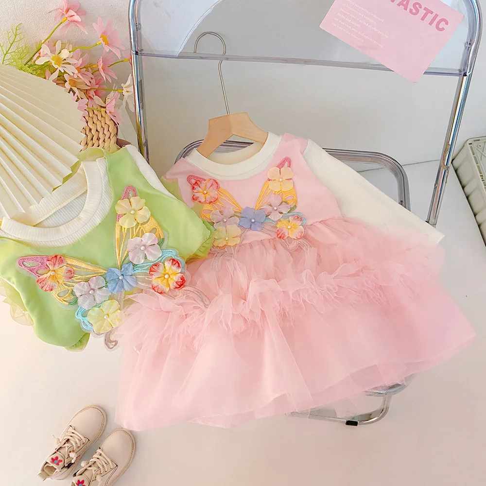 

Весенне-осеннее новое платье принцессы для маленьких девочек, красочное газовое платье с бабочками и длинными рукавами, костюм для свадебной вечеринки для девочек