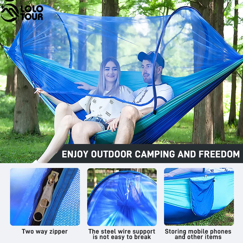 Quick Pop-up Camping Hammock With Mosquito Net Portable Setting Hammock Hanging Bed Outdoor Travel Device Equipment 98x47 Inches