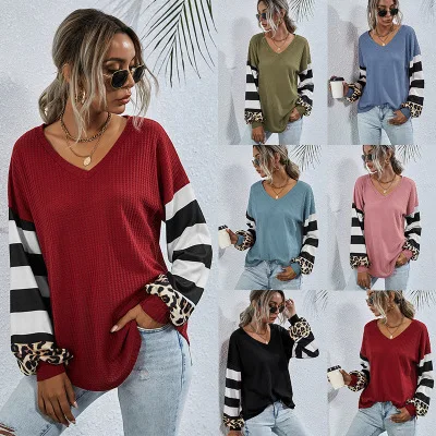 New striped stitching long sleeve T-shirt women's spring, autumn and winter best selling women's clothes V-neck casual fashion