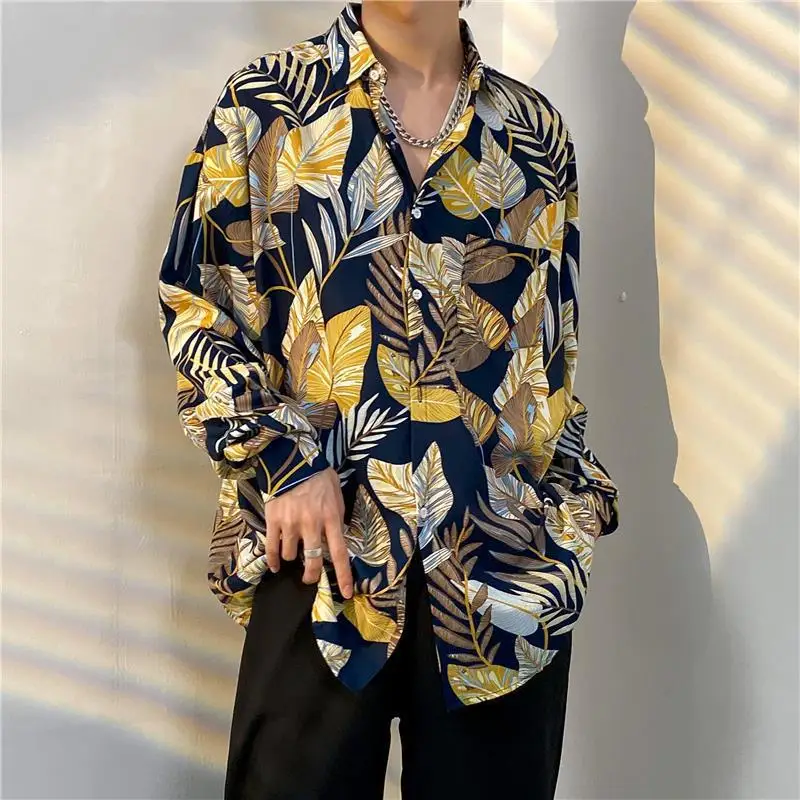 Vintage Streetwear Long Sleeved Floral Shirt Men Spring All-match Loose Floral Shirt Hip Hop Lapel Collar Multicolor Casual Tops