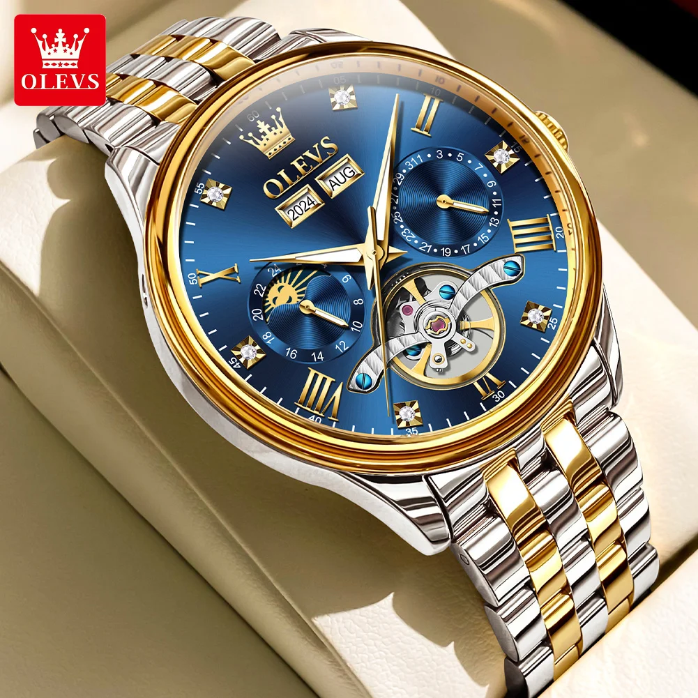 

OLEVS Original Luxury Brand Watch Men Chronograph Calendar Date Stainless steel Waterproof Luminous Moon phase Men's Wristwatch