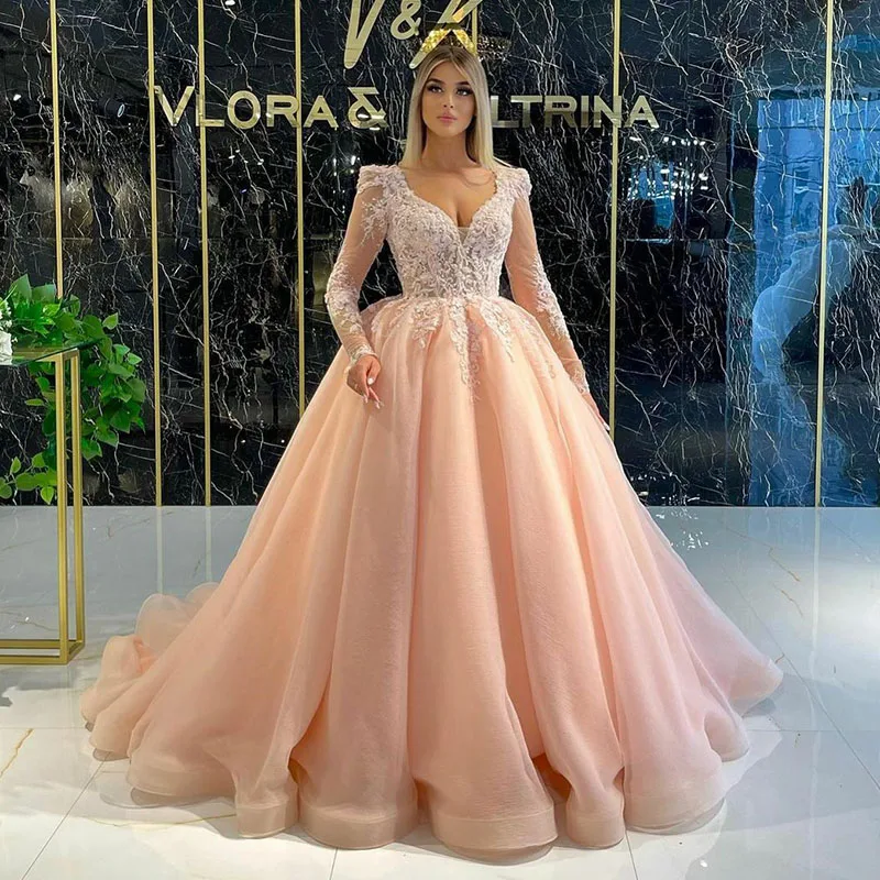 

Long Sleeves Evening Dresses For Women Sexy V Neck Long Sleeves Arabic Prom Formal Dress Lace Appliques Women Evening Gowns 2025