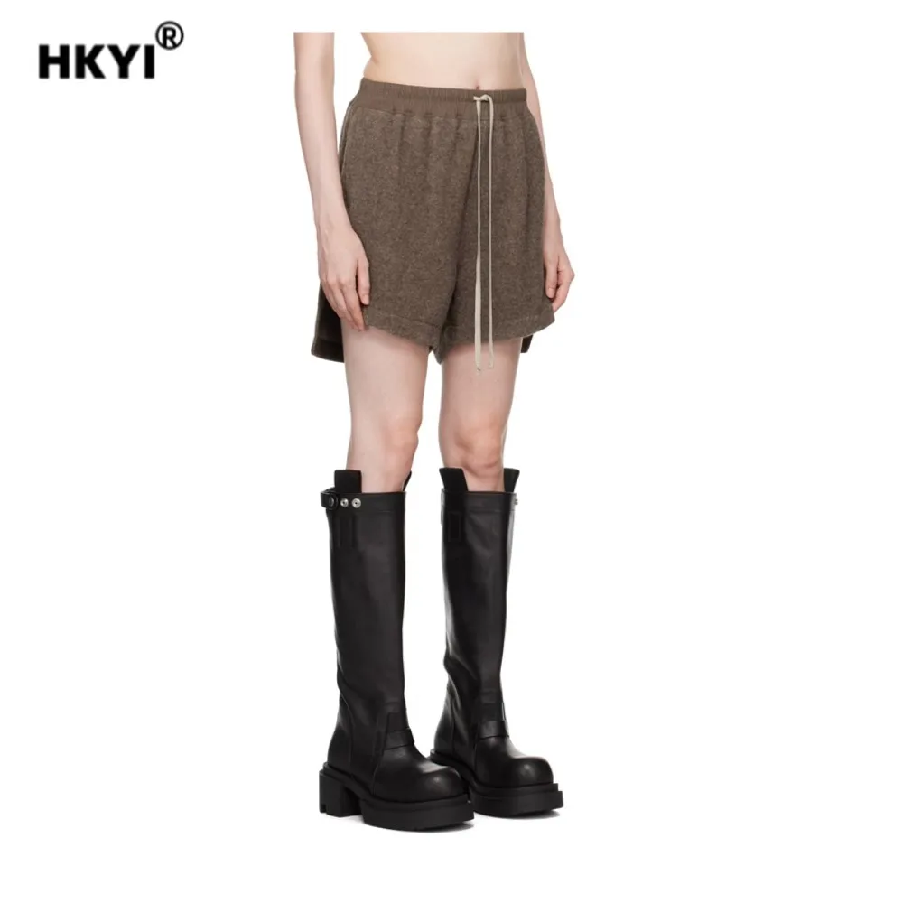 HKYI レディース ウール ショートパンツ、伸縮性ウエストバンドと巾着デザイン、カジュアルで多用途、カジュアルなショートパンツの感覚