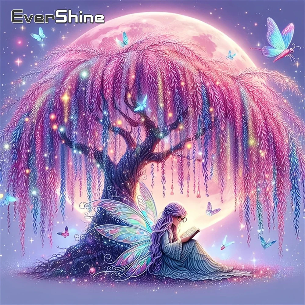 Evershine Diamant-Mosaik Landschaftsbild Vollflächiges Strass-Stickerei-Set Baum-Motiv Elfenmädchen DIY Mond Heimdekoration