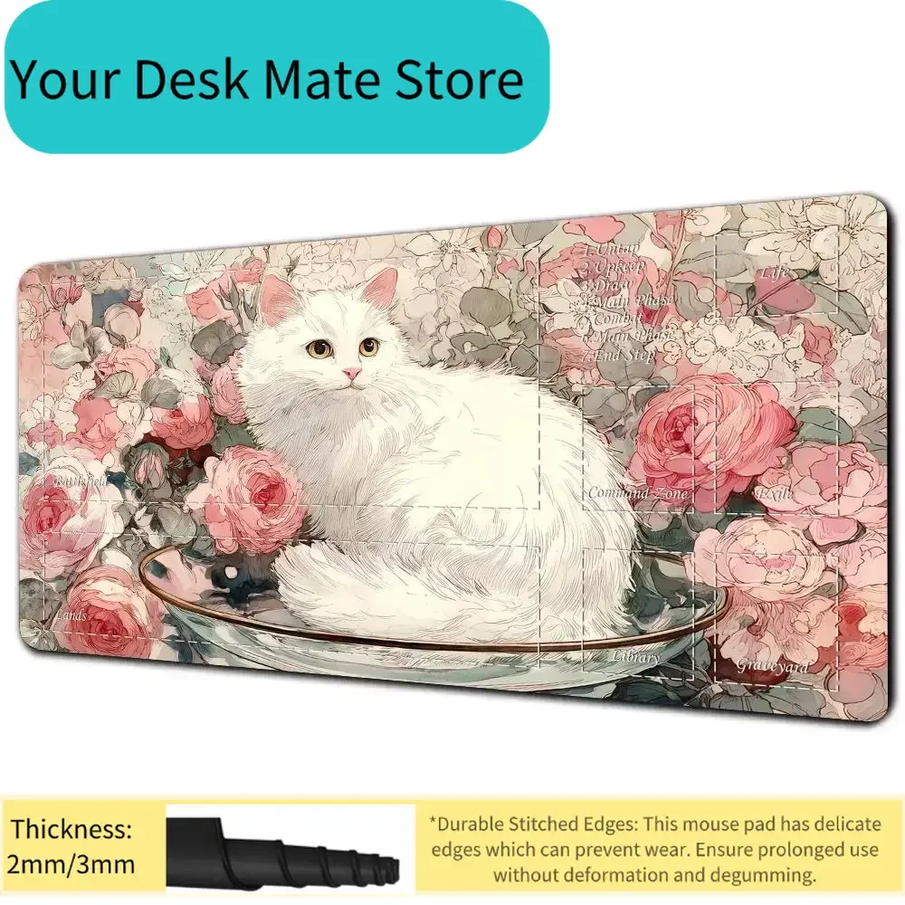 Magic Card Playmat with Zone White Cat and Rose Theme MTG Playmat Gathering Gaming Mats Desk Mat Commander Battle Playmat