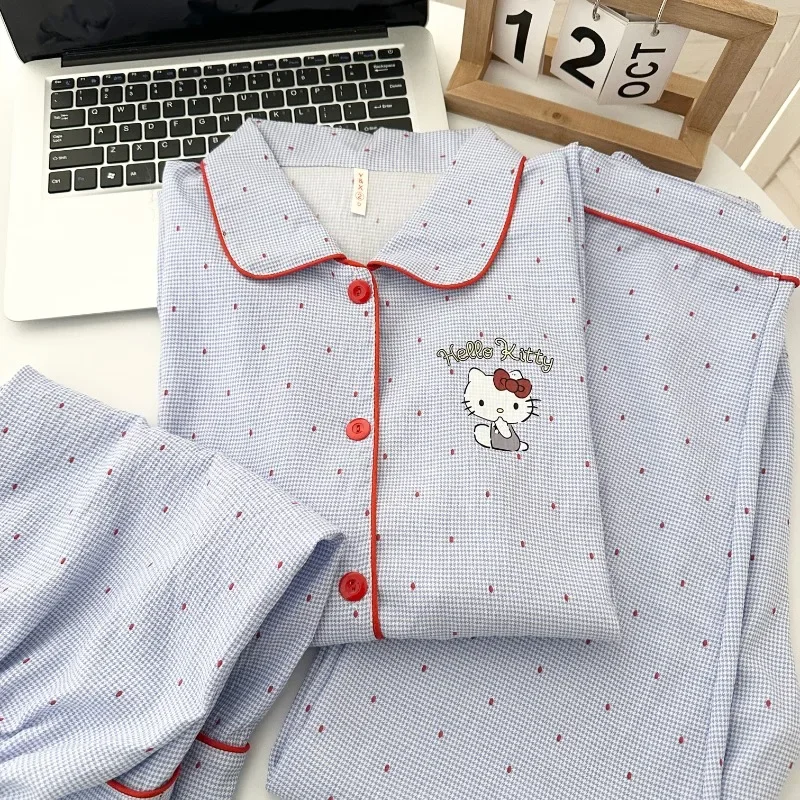 

Hello Kitty pajamas, summer cotton Sanrio three-piece set, cartoon Hello Kitty women's loungewear, blue Sanrio women's set.